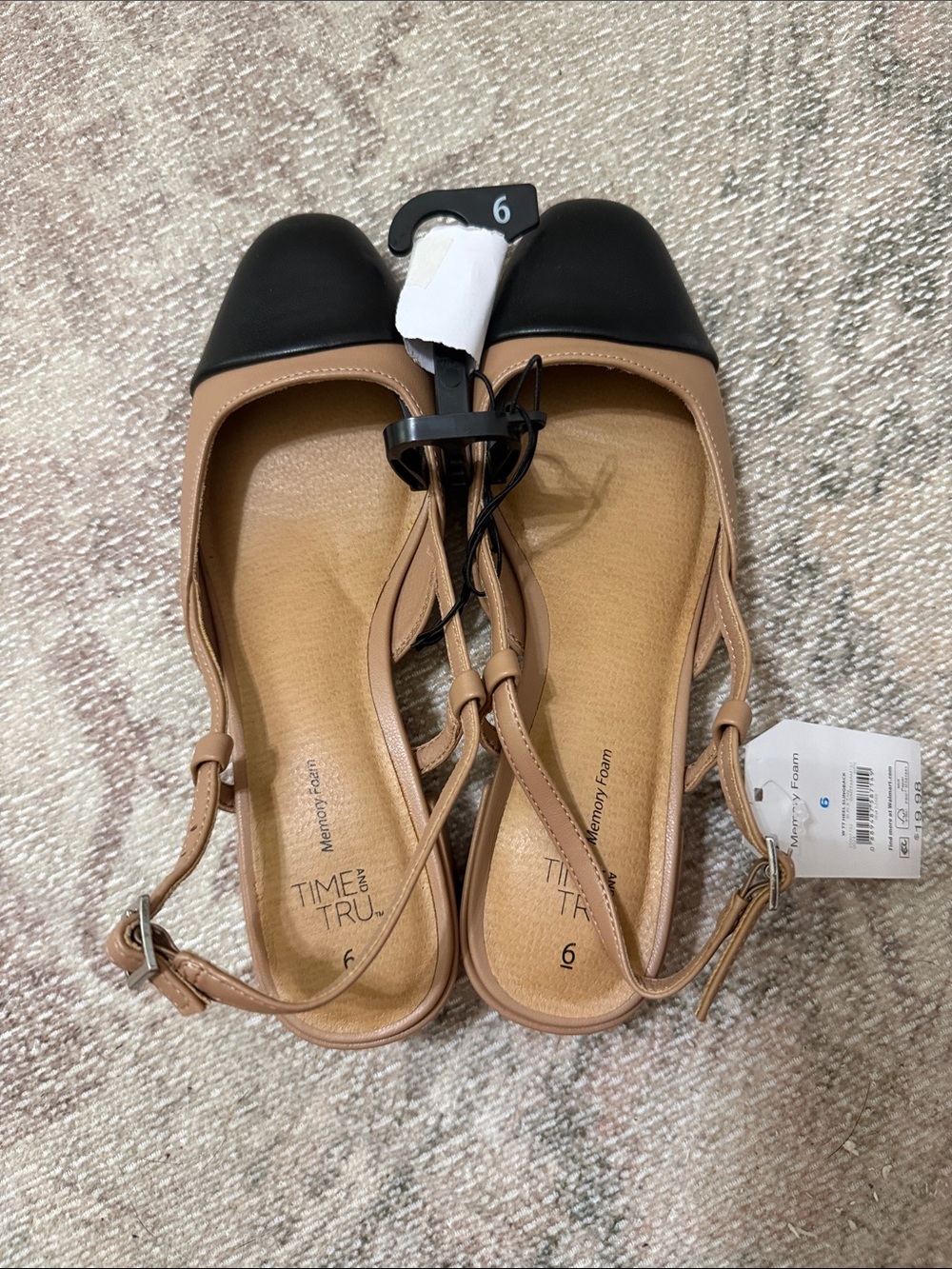 Time and Tru Two-Tone Beige and Black Cap-Toe Slingback Flats